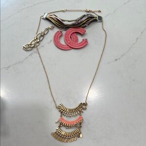 Gold and Pink and green and turquoise Layered Necklace with changeable extension